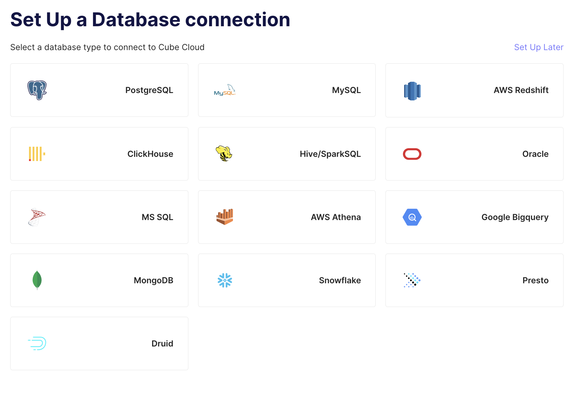 Cube Cloud Supported Databases Screen
