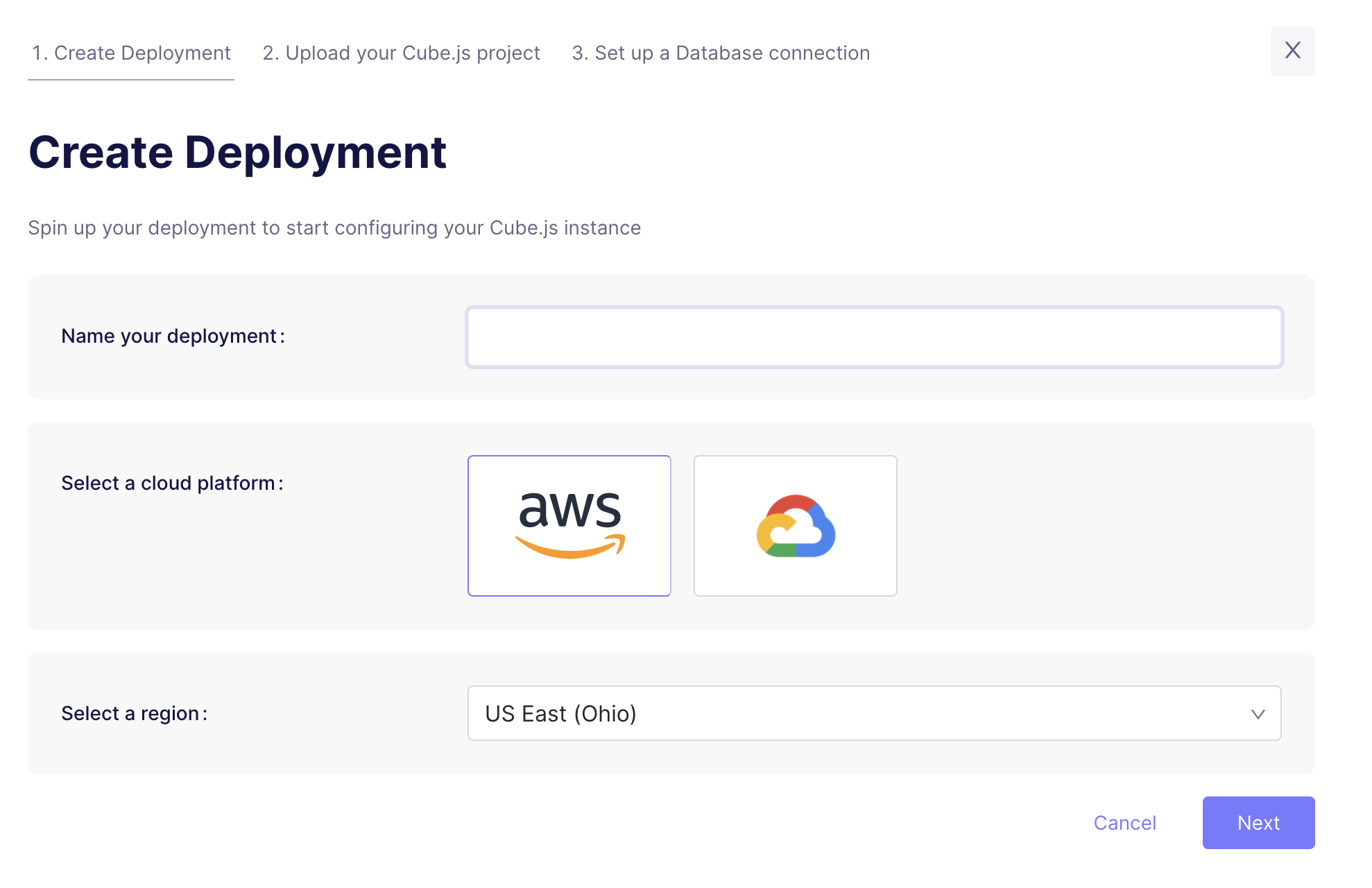 Cube Cloud Create Deployment Screen